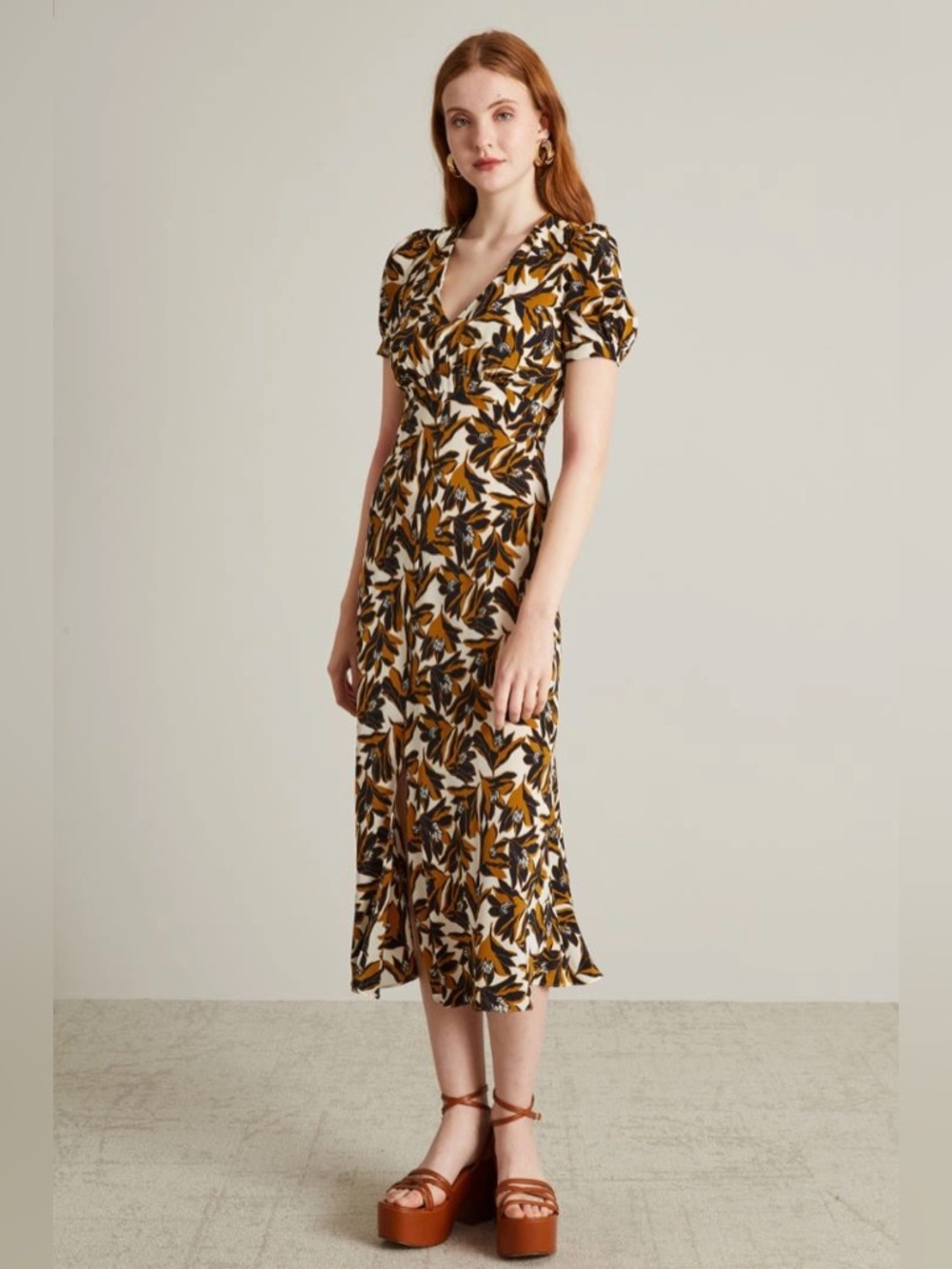 NWT WEEKEND MAX MARA Affine Allover Floral Printed Midi Dress In Brown Sz 12